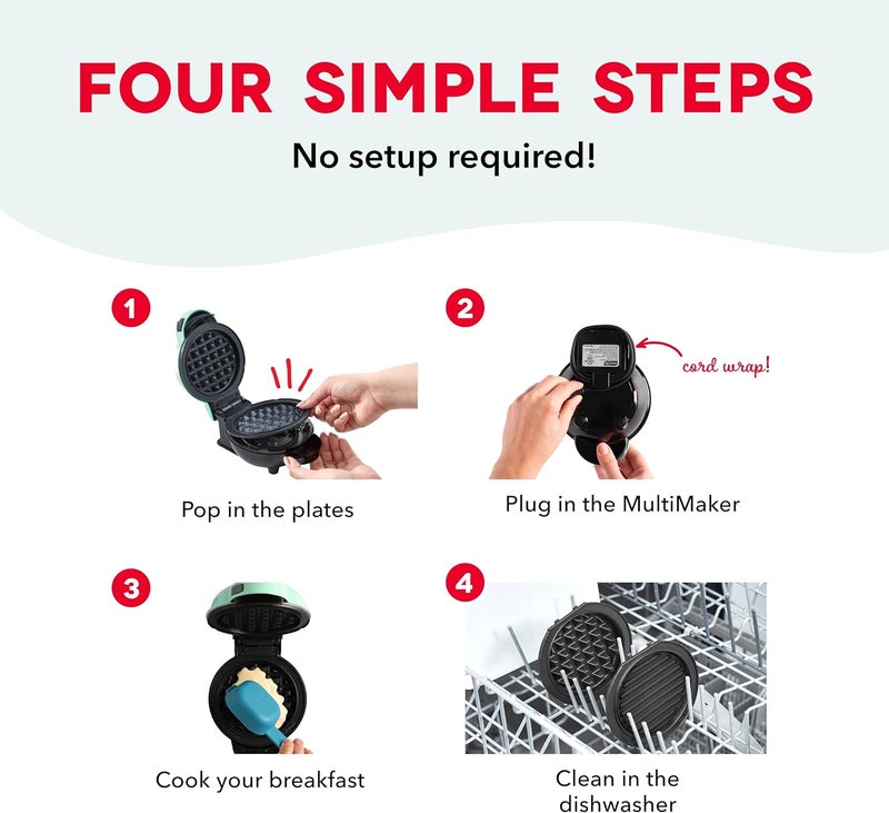 Dash نظام MultiMaker® ميني - صانعة الوافل مع خمس لوحات قابلة للإزالة بحجم 4 بوصات: مكواة الوافل ومقلاة، صانعة الوافل ميني 3 في 1 للأطفال والعائلات - سطح غير لاصق، فقط أضف العجين (أحمر) - Image 4